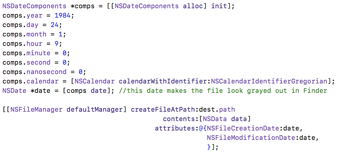 Setting the creation and modification dates of the file to be greyed out