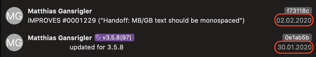 Yoink for Mac's GIT commit messages, showing the date of the v3.5.8 commit and the date of when work on the next update began (3 days later)