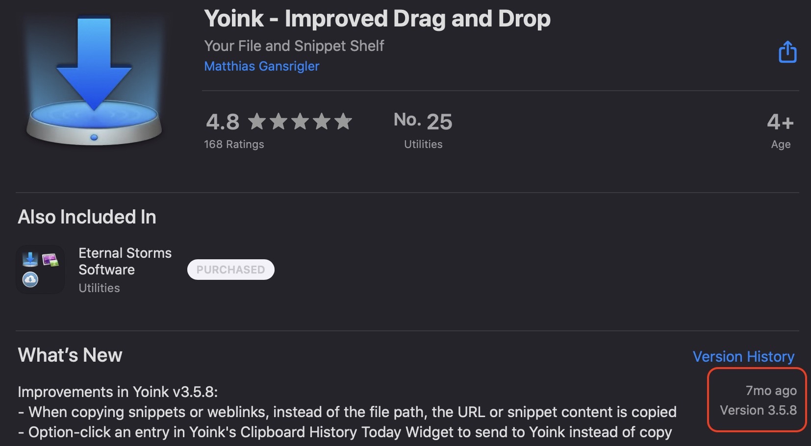 Screenshot showing Yoink and its update-timestamp on the Mac App Store