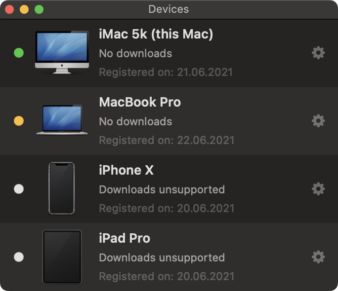 A screenshot of Transloader's Devices window, showing an available iMac, a sleeping MacBook Pro, and two iOS devices.