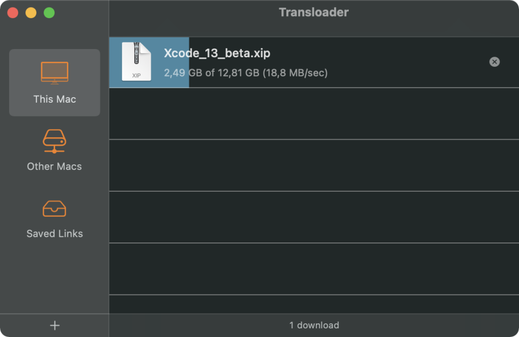 Transloader running on iMac, downloading Xcode.