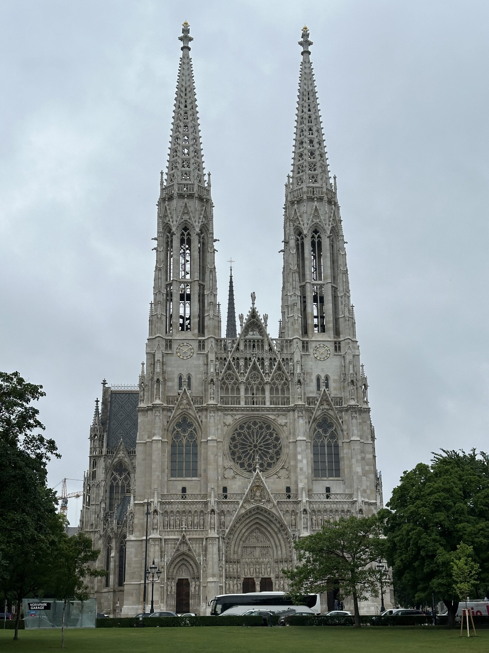 The Votive Church in Vienna, Austria, on a cold and rainy day in May.